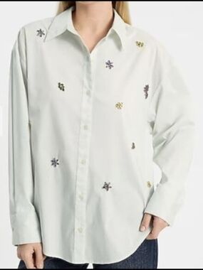 NWT Express Boyfriend Portofino Embellished Button Up Shirt L White $128